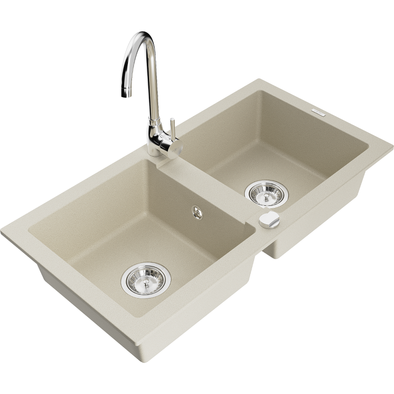Mexen Mario 2-compartment granite sink with a kitchen mixer tap Telma, Beige - 6504-69-670200-00