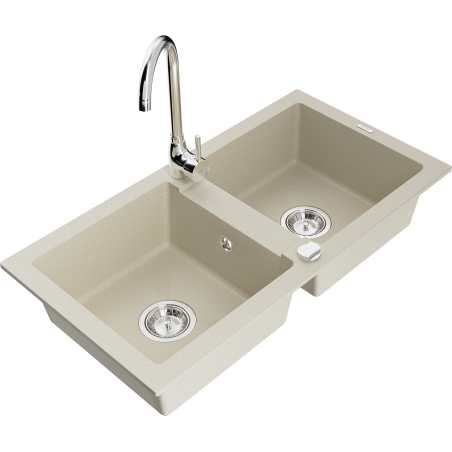 Mexen Mario 2-compartment granite sink with a kitchen mixer tap Telma, Beige - 6504-69-670200-00