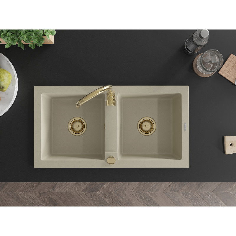 Mexen Mario granite kitchen sink 2-bowl with Telma tap, beige - 6504-69-670200-50