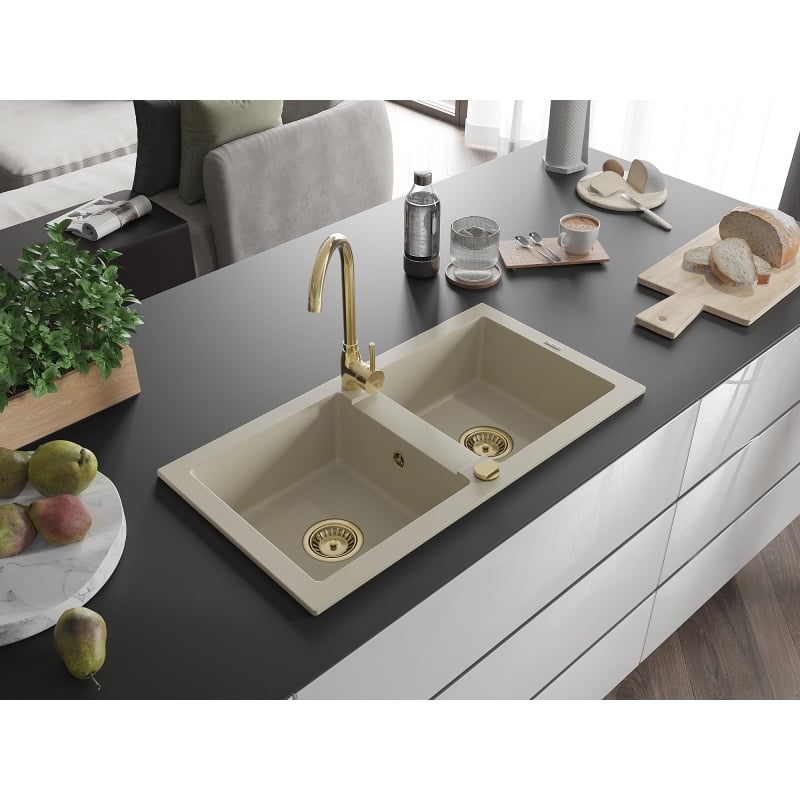 Mexen Mario granite 2-bowl sink with Telma kitchen faucet, beige - 6504-69-670200-50