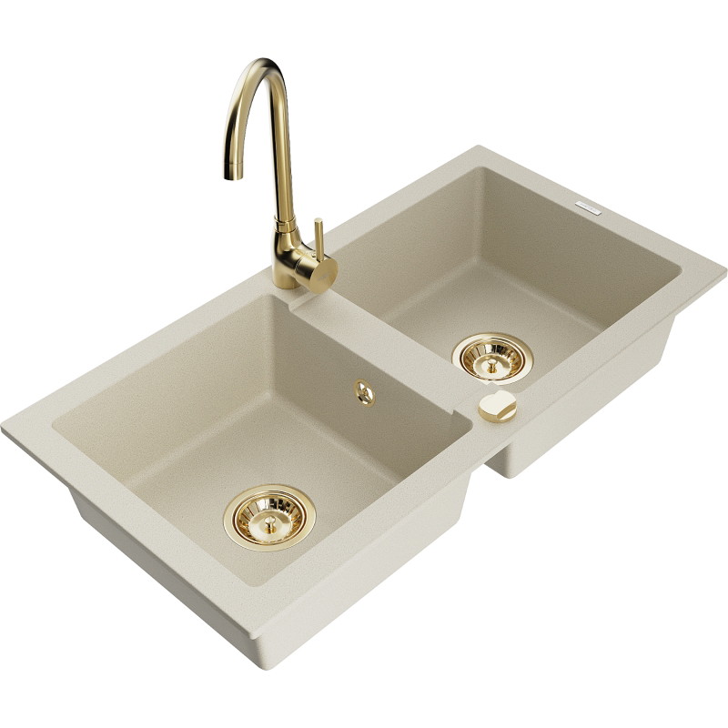 Mexen Mario granite 2-bowl sink with Telma kitchen faucet, beige - 6504-69-670200-50
