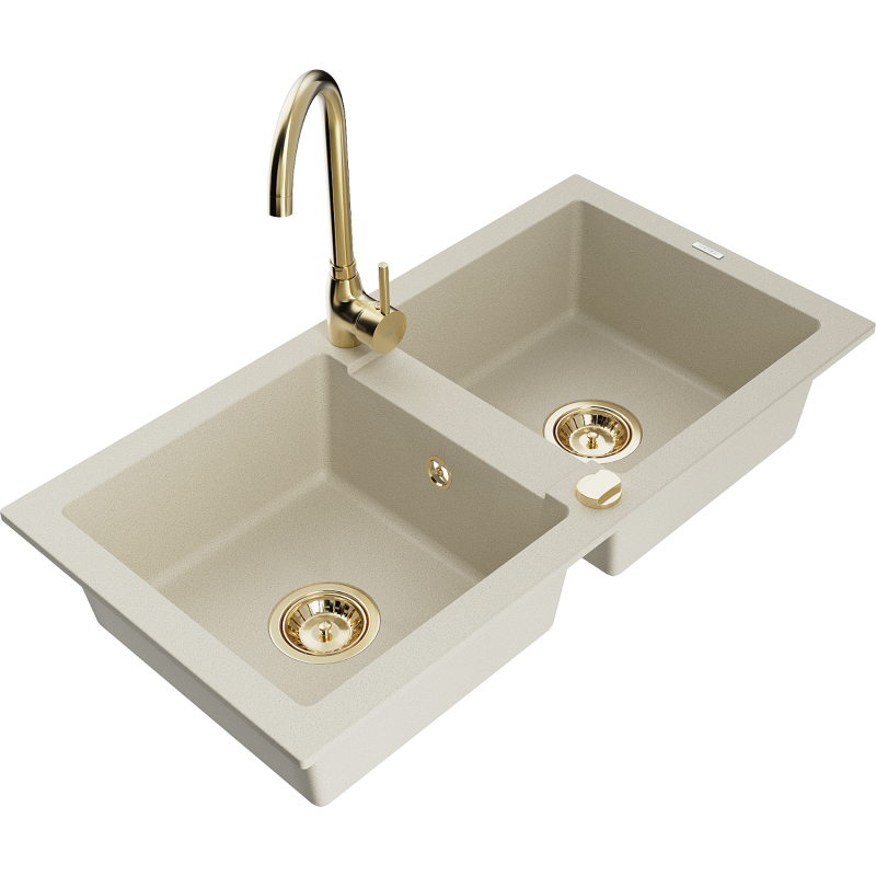 Mexen Mario granite kitchen sink 2-bowl with Telma tap, beige - 6504-69-670200-50
