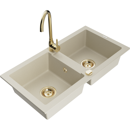 Mexen Mario 2-compartment granite sink with a kitchen mixer tap Telma, Beige - 6504-69-670200-50