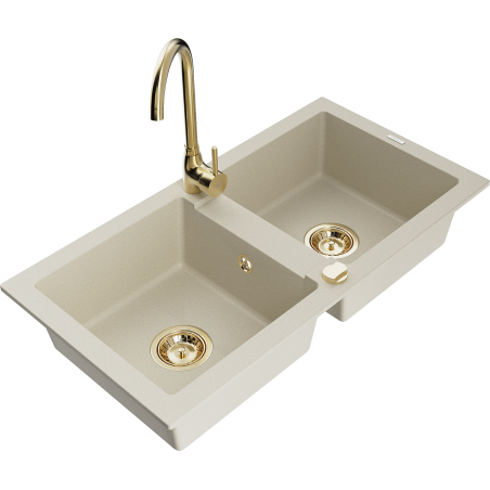 Mexen Mario granite 2-bowl sink with Telma kitchen faucet, beige - 6504-69-670200-50