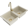 Mexen Mario granite 2-bowl sink with Telma kitchen faucet, beige - 6504-69-670200-50
