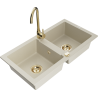 Mexen Mario granite sink 2-bowl with Telma kitchen faucet, beige - 6504-69-670200-50