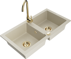 Mexen Mario granite 2-bowl sink with Telma kitchen faucet, beige - 6504-69-670200-50