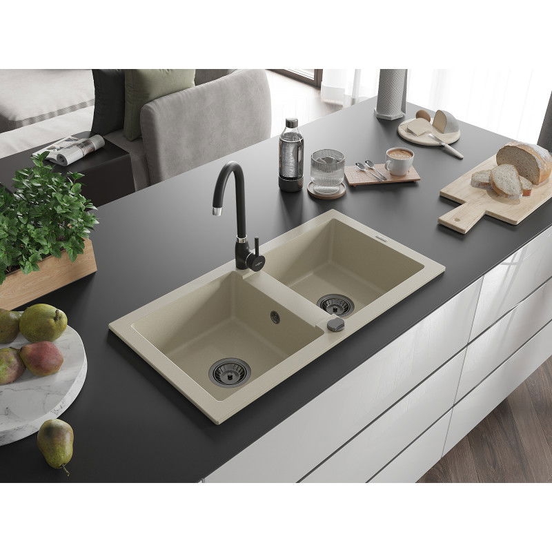 Mexen Mario granite sink 2-bowl with Telma kitchen mixer tap, beige - 6504-69-670200-70