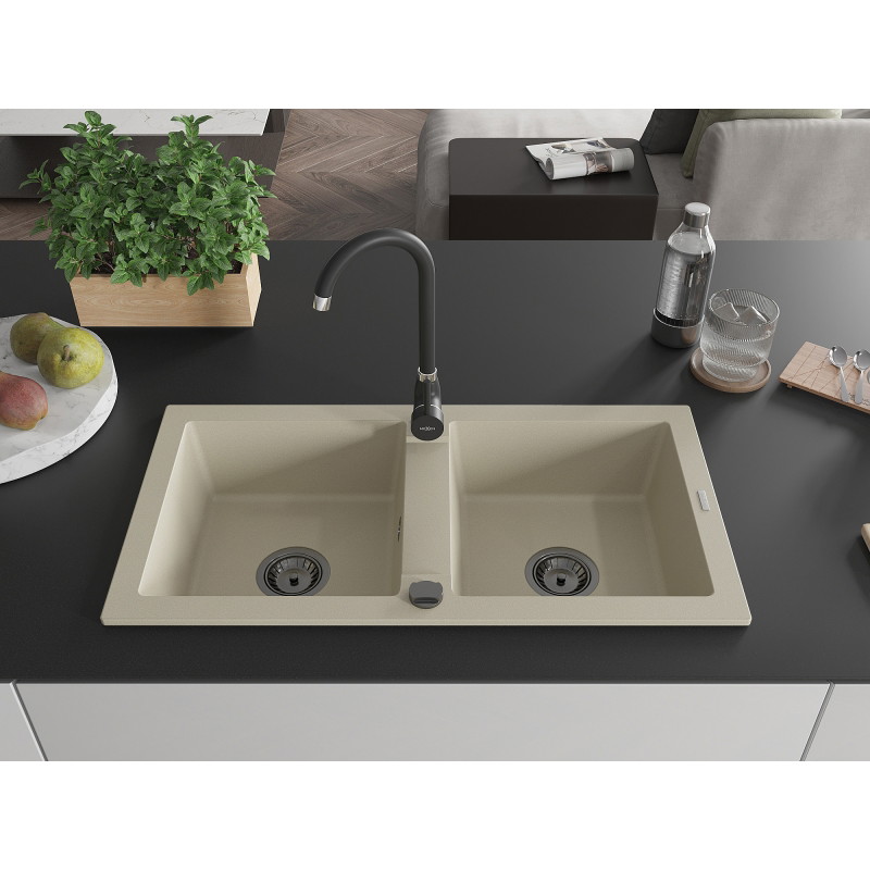 Mexen Mario 2-bowl granite sink with Telma kitchen faucet, beige - 6504-69-670200-70
