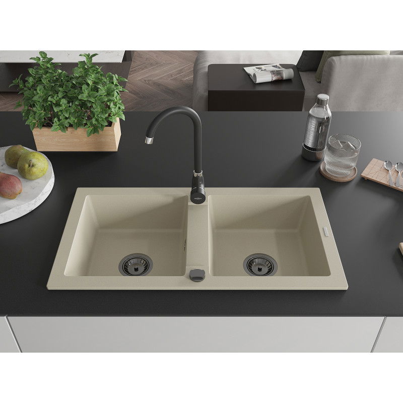 Mexen Mario granite sink 2-bowl with Telma kitchen mixer tap, beige - 6504-69-670200-70