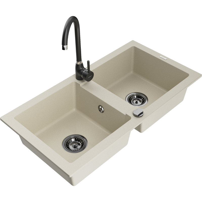 Mexen Mario 2-compartment granite sink with a kitchen mixer tap Telma, Beige - 6504-69-670200-70
