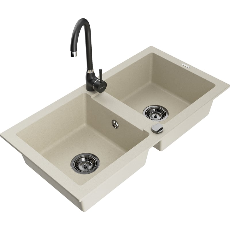 Mexen Mario granite kitchen sink 2-chamber with Telma kitchen faucet, beige - 6504-69-670200-70