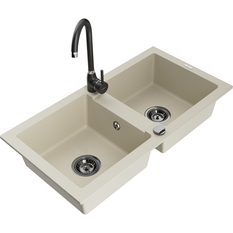 Mexen Mario granite sink 2-bowl with Telma kitchen mixer tap, beige - 6504-69-670200-70