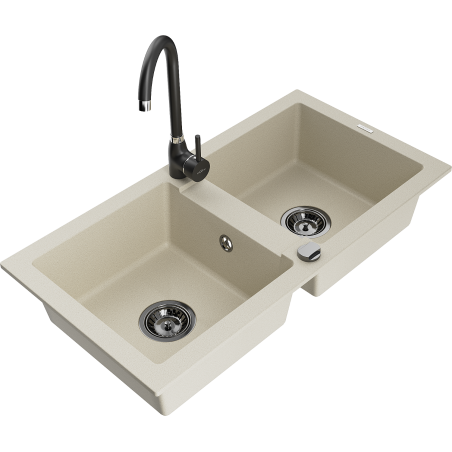 Mexen Mario 2-bowl granite sink with Telma kitchen faucet, beige - 6504-69-670200-70