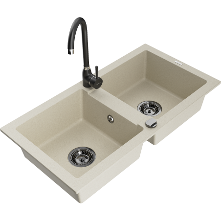 Mexen Mario granite kitchen sink 2-chamber with Telma kitchen faucet, beige - 6504-69-670200-70