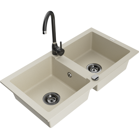 Mexen Mario granite sink 2-bowl with Telma kitchen mixer tap, beige - 6504-69-670200-70