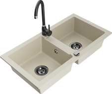 Mexen Mario 2-bowl granite sink with Telma kitchen faucet, beige - 6504-69-670200-70