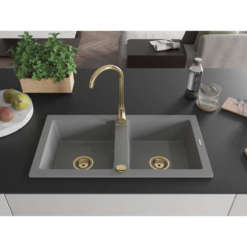 Mexen Mario granite sink 2-chamber with Telma kitchen faucet, gray - 6504-71-670200-50