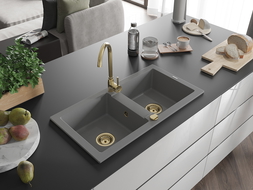 Mexen Mario granite sink 2-bowl with Telma kitchen tap, grey - 6504-71-670200-50