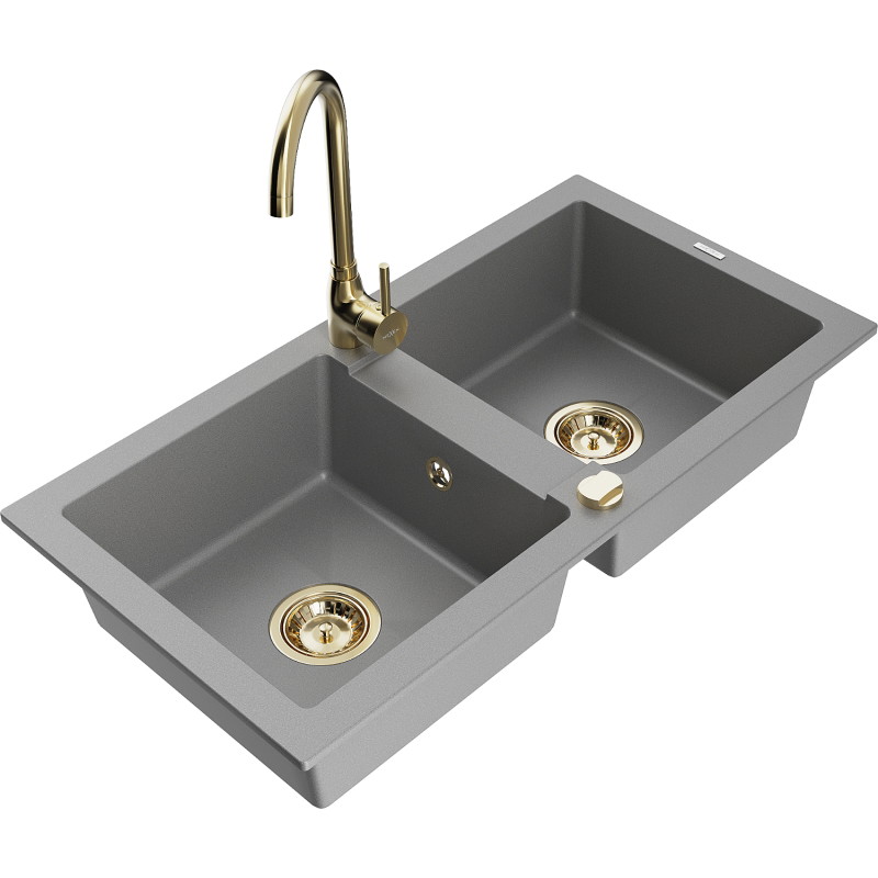 Mexen Mario 2-bowl granite sink with Telma kitchen faucet, gray - 6504-71-670200-50