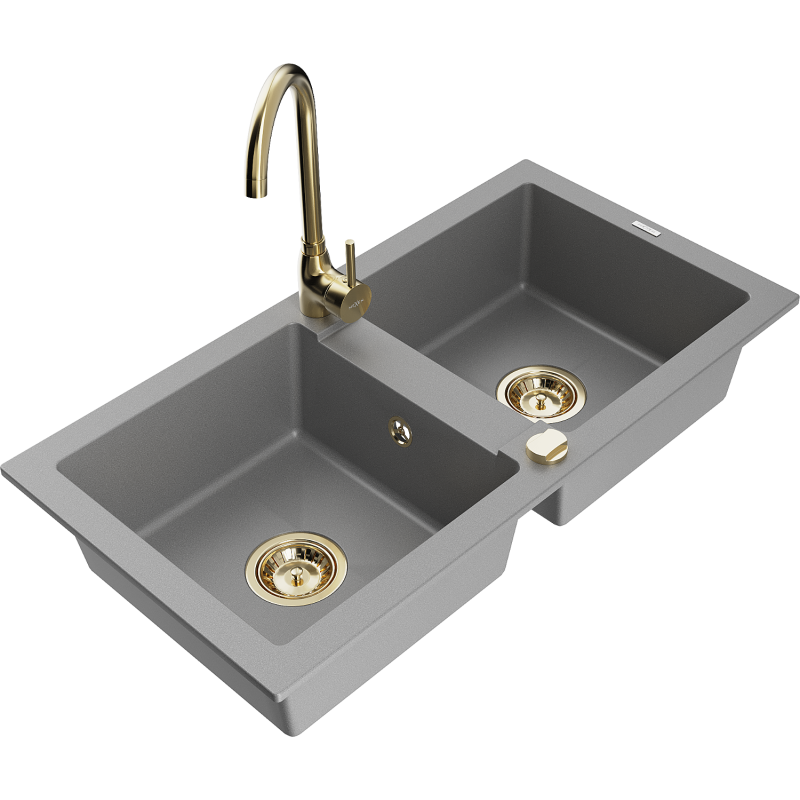 Mexen Mario 2-compartment granite sink with a kitchen mixer tap Telma, Grey - 6504-71-670200-50