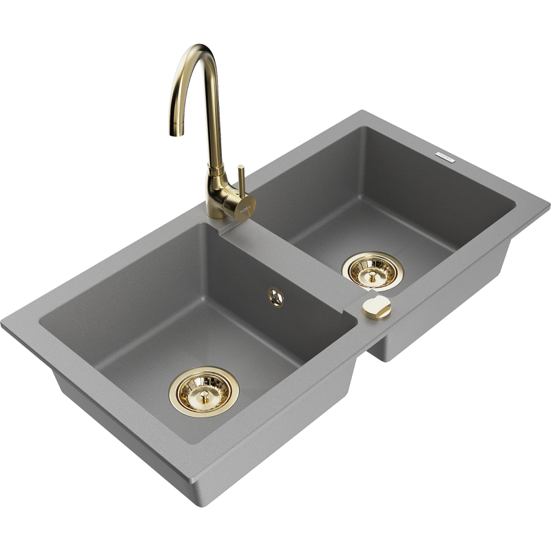 Mexen Mario granite sink 2-bowl with Telma kitchen tap, grey - 6504-71-670200-50