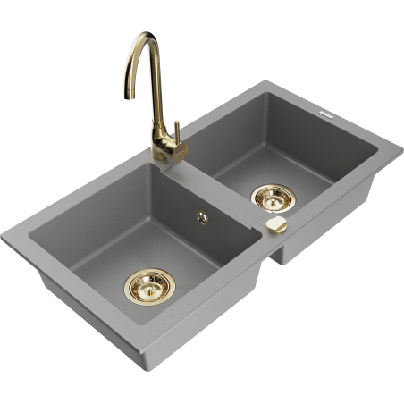 Mexen Mario granite sink 2-bowl with Telma kitchen tap, grey - 6504-71-670200-50