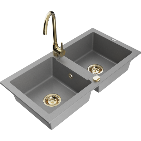 Mexen Mario granite sink 2-chamber with Telma kitchen faucet, gray - 6504-71-670200-50