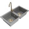Mexen Mario granite sink 2-bowl with Telma kitchen tap, grey - 6504-71-670200-50