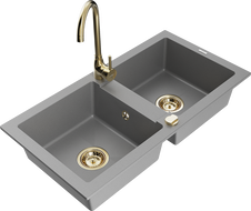 Mexen Mario granite sink 2-chamber with Telma kitchen faucet, gray - 6504-71-670200-50