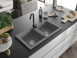 Mexen Mario 2-chamber granite sink with Telma kitchen faucet, gray - 6504-71-670200-70