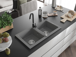 Mexen Mario granite kitchen sink 2-compartment with Telma kitchen tap, grey - 6504-71-670200-70