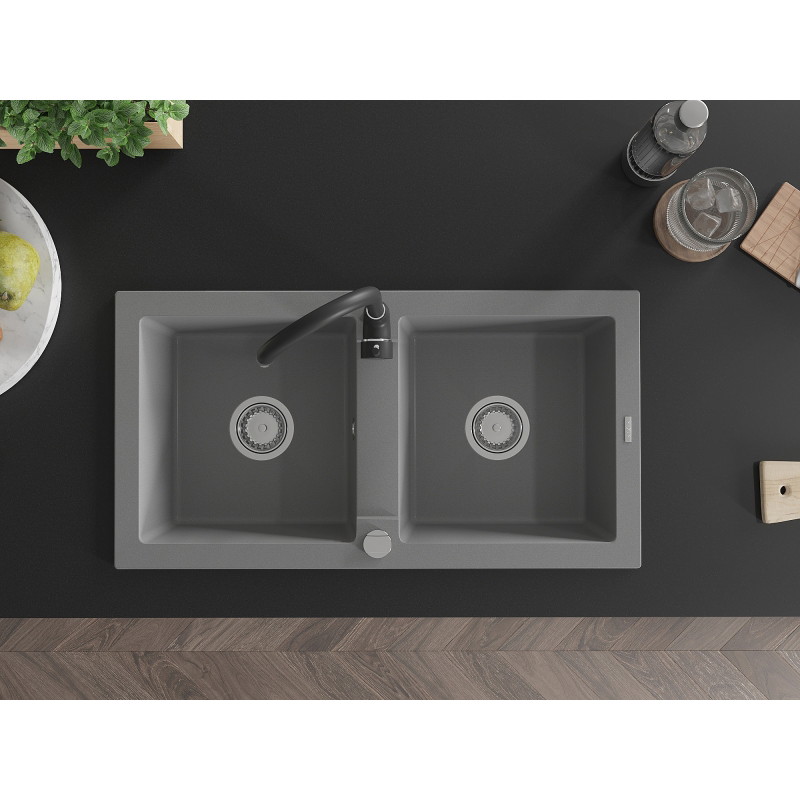 Mexen Mario 2-chamber granite sink with Telma kitchen faucet, gray - 6504-71-670200-70