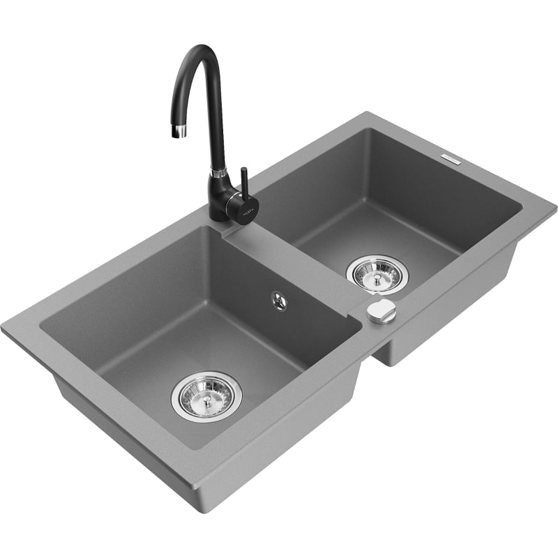 Mexen Mario 2-bowl granite sink with Telma kitchen faucet, gray - 6504-71-670200-70