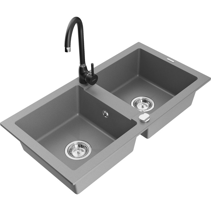 Mexen Mario granite kitchen sink 2-compartment with Telma kitchen tap, grey - 6504-71-670200-70