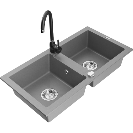 Mexen Mario 2-compartment granite sink with a kitchen mixer tap Telma, Grey - 6504-71-670200-70