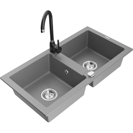 Mexen Mario granite kitchen sink 2-compartment with Telma kitchen tap, grey - 6504-71-670200-70