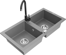 Mexen Mario granite kitchen sink 2-compartment with Telma kitchen tap, grey - 6504-71-670200-70