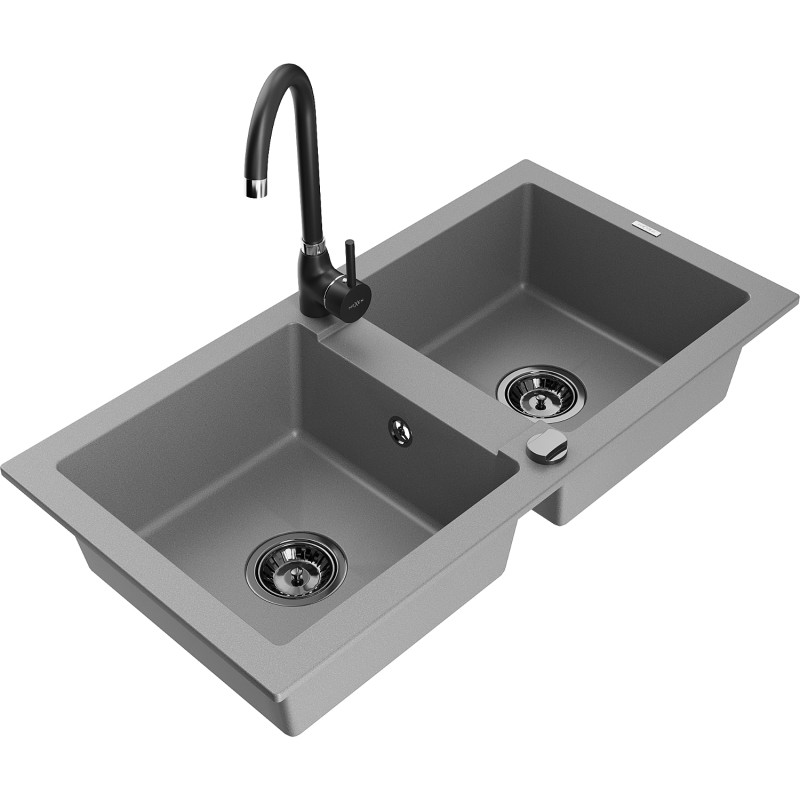 Mexen Mario 2-chamber granite sink with Telma kitchen faucet, gray - 6504-71-670200-70-B