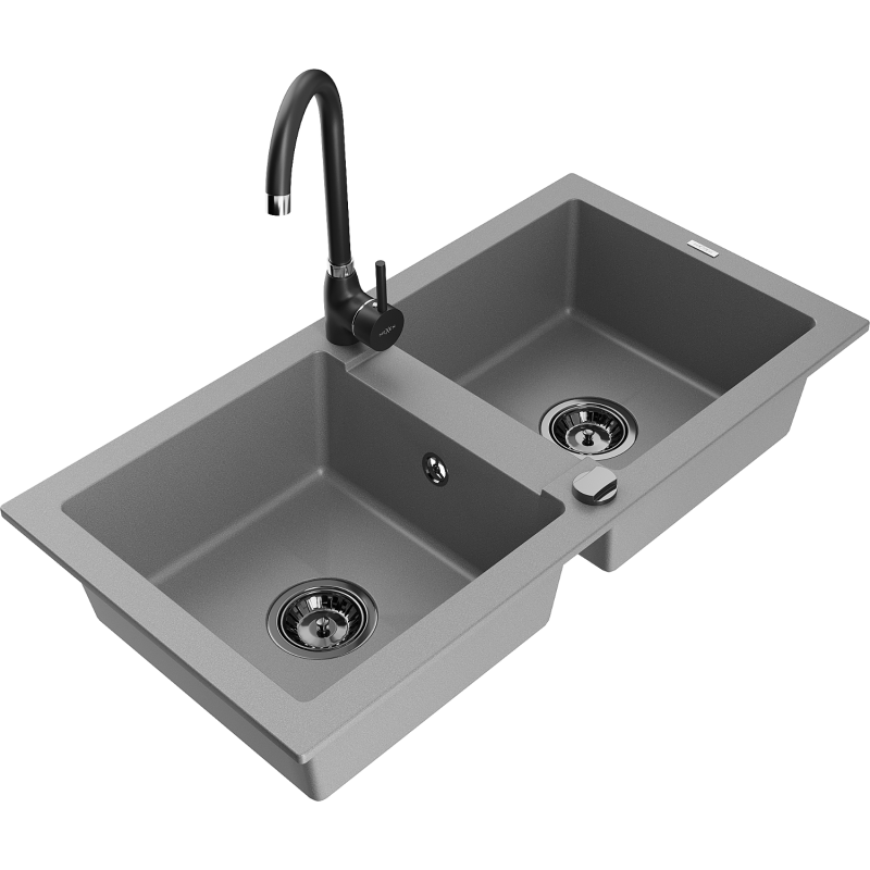 Mexen Mario granite kitchen sink 2-bowl with Telma kitchen tap, grey - 6504-71-670200-70-B