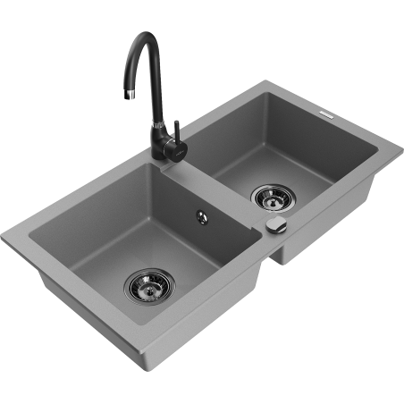 Mexen Mario 2-compartment granite sink with a kitchen mixer tap Telma, Grey - 6504-71-670200-70-B
