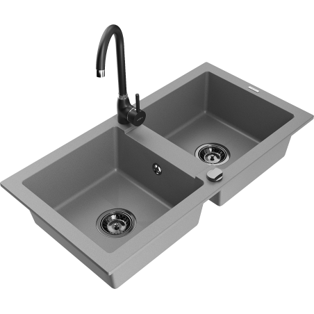 Mexen Mario granite double-bowl sink with Telma kitchen faucet, gray - 6504-71-670200-70-B