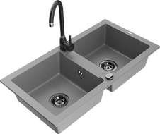 Mexen Mario granite kitchen sink 2-bowl with Telma kitchen tap, grey - 6504-71-670200-70-B