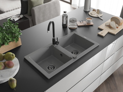 Mexen Mario 2-chamber granite sink with Telma kitchen faucet, gray - 6504-71-670200-70-B