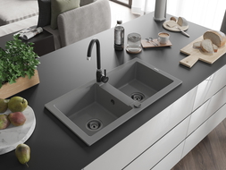 Mexen Mario granite kitchen sink 2-bowl with Telma kitchen tap, grey - 6504-71-670200-70-B