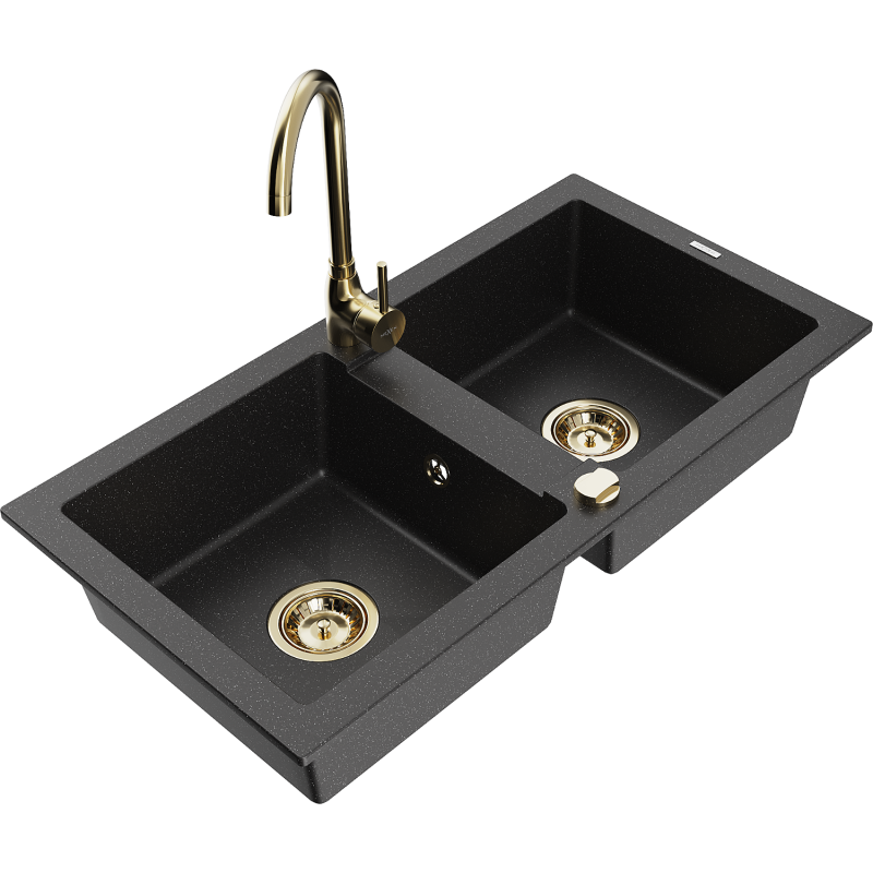 Mexen Mario 2-bowl Granite Sink with Telma Kitchen Tap, Black/Silver - 6504-73-670200-50