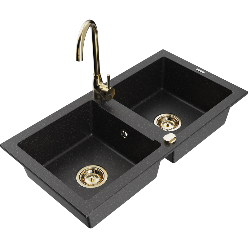 Mexen Mario 2-compartment granite sink with a kitchen mixer tap Telma, Black/Silver - 6504-73-670200-50