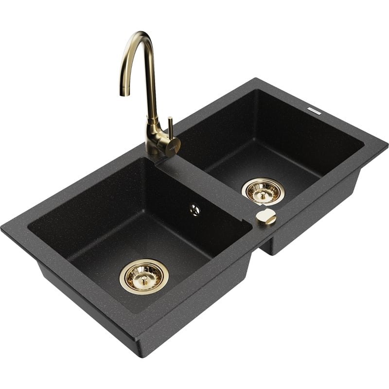 Mexen Mario granite double-bowl kitchen sink with Telma faucet, black/silver - 6504-73-670200-50