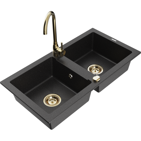Mexen Mario granite double-bowl kitchen sink with Telma faucet, black/silver - 6504-73-670200-50