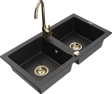 Mexen Mario 2-bowl Granite Sink with Telma Kitchen Tap, Black/Silver - 6504-73-670200-50